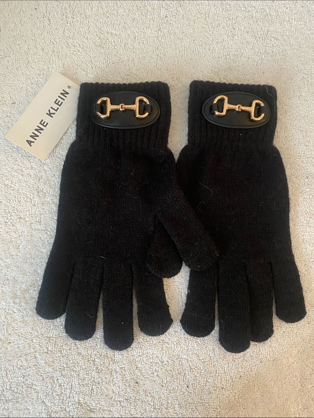 Anne Klein Black Knit Gloves with Gold Horsebit Accent